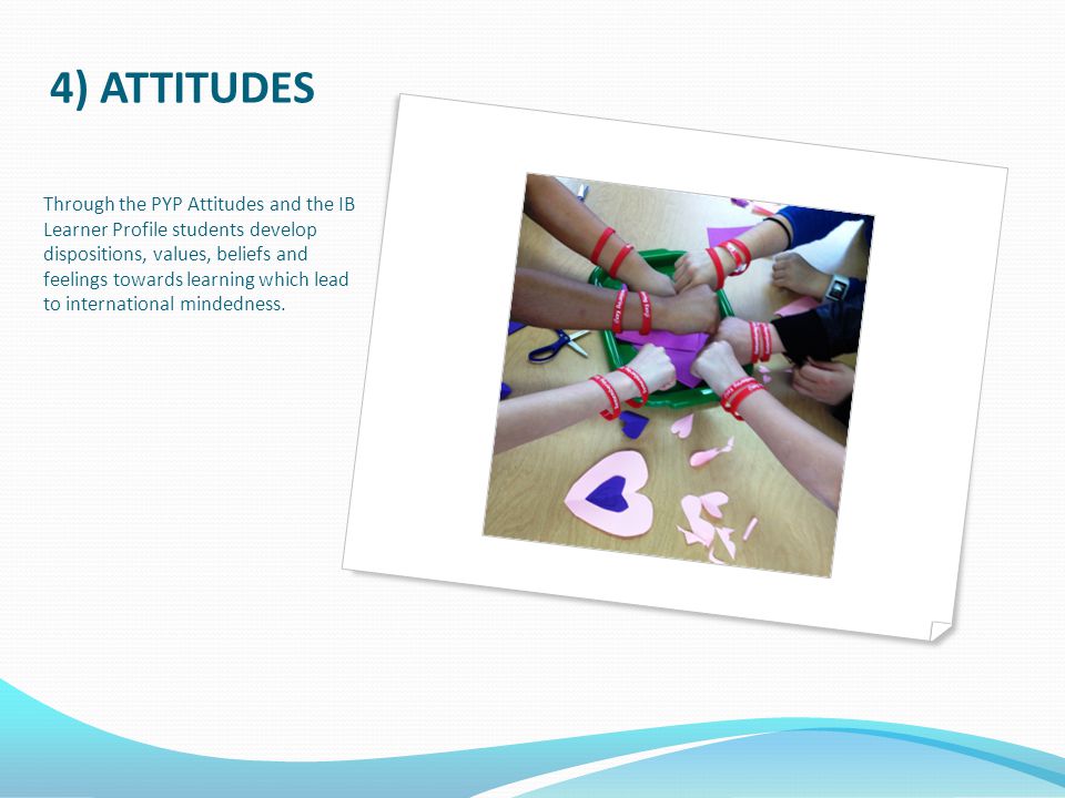 4) ATTITUDES Through the PYP Attitudes and the IB Learner Profile students develop dispositions, values, beliefs and feelings towards learning which lead to international mindedness.