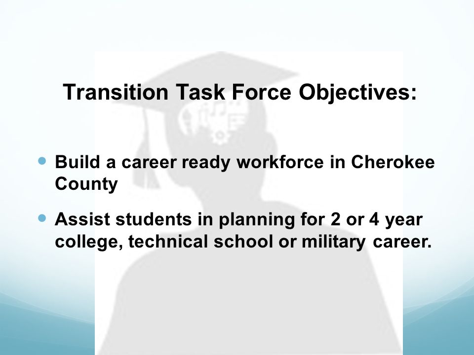 Transition Task Force Objectives: Build a career ready workforce in Cherokee County Assist students in planning for 2 or 4 year college, technical school or military career.