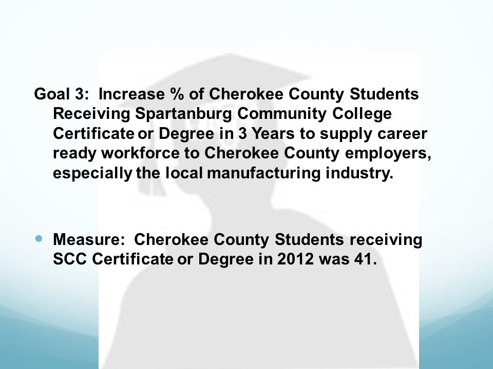 Goal 3: Increase % of Cherokee County Students Receiving Spartanburg Community College Certificate or Degree in 3 Years to supply career ready workforce to Cherokee County employers, especially the local manufacturing industry.