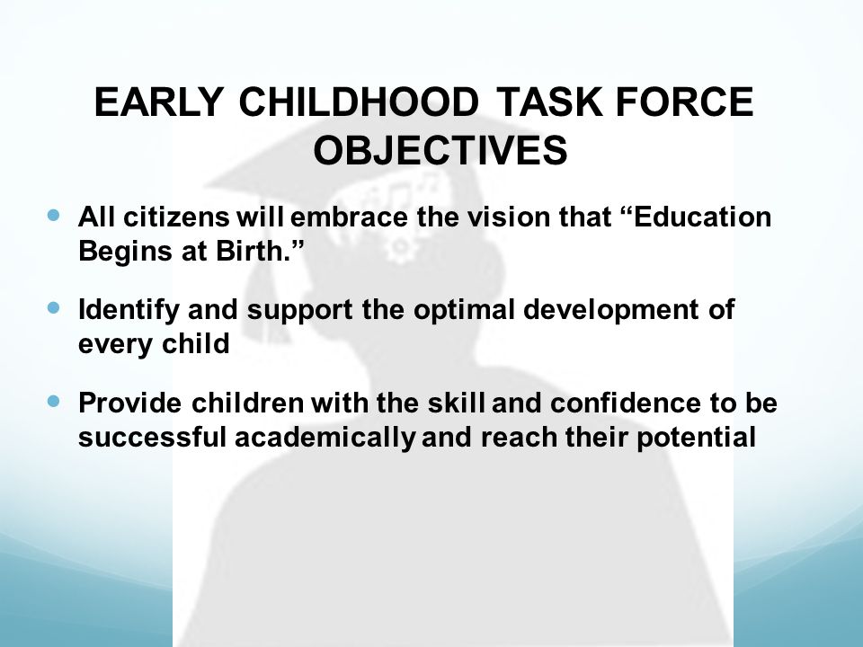 EARLY CHILDHOOD TASK FORCE OBJECTIVES All citizens will embrace the vision that Education Begins at Birth. Identify and support the optimal development of every child Provide children with the skill and confidence to be successful academically and reach their potential