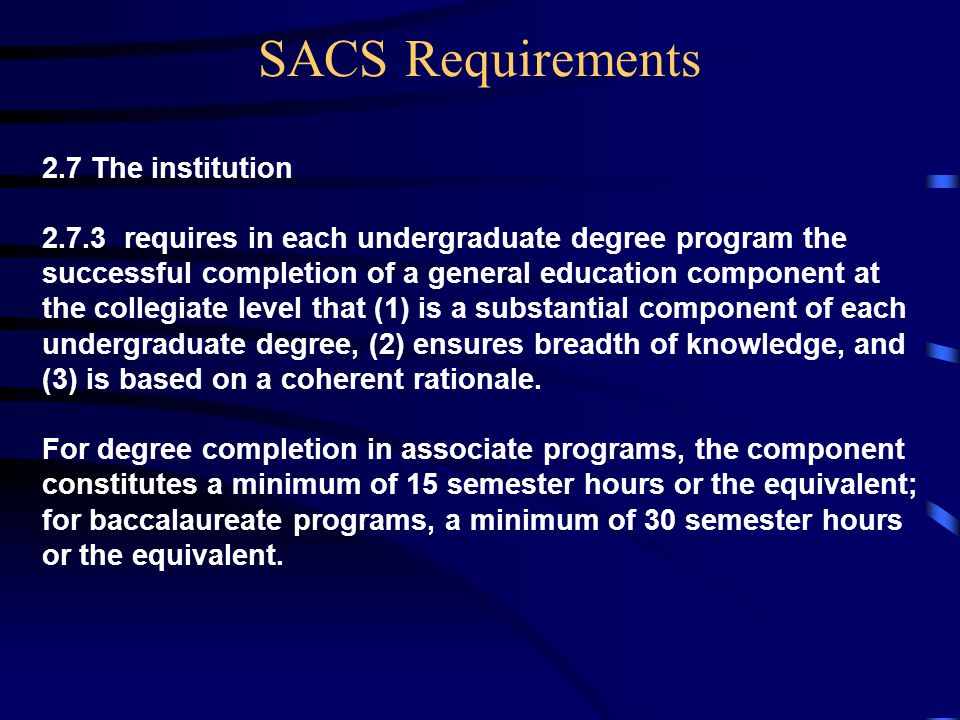 2.7 The institution requires in each undergraduate degree program the successful completion of a general education component at the collegiate level that (1) is a substantial component of each undergraduate degree, (2) ensures breadth of knowledge, and (3) is based on a coherent rationale.