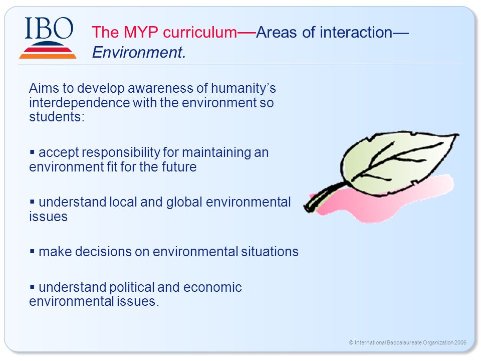 © International Baccalaureate Organization 2006 The MYP curriculum — Areas of interaction— Environment.