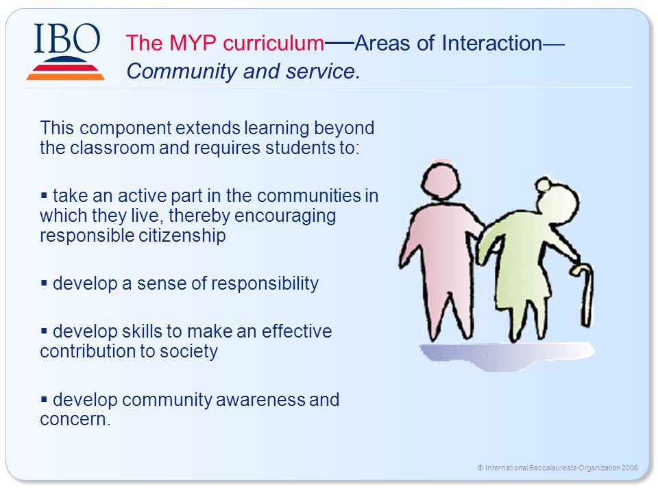 © International Baccalaureate Organization 2006 The MYP curriculum — Areas of Interaction— Community and service.