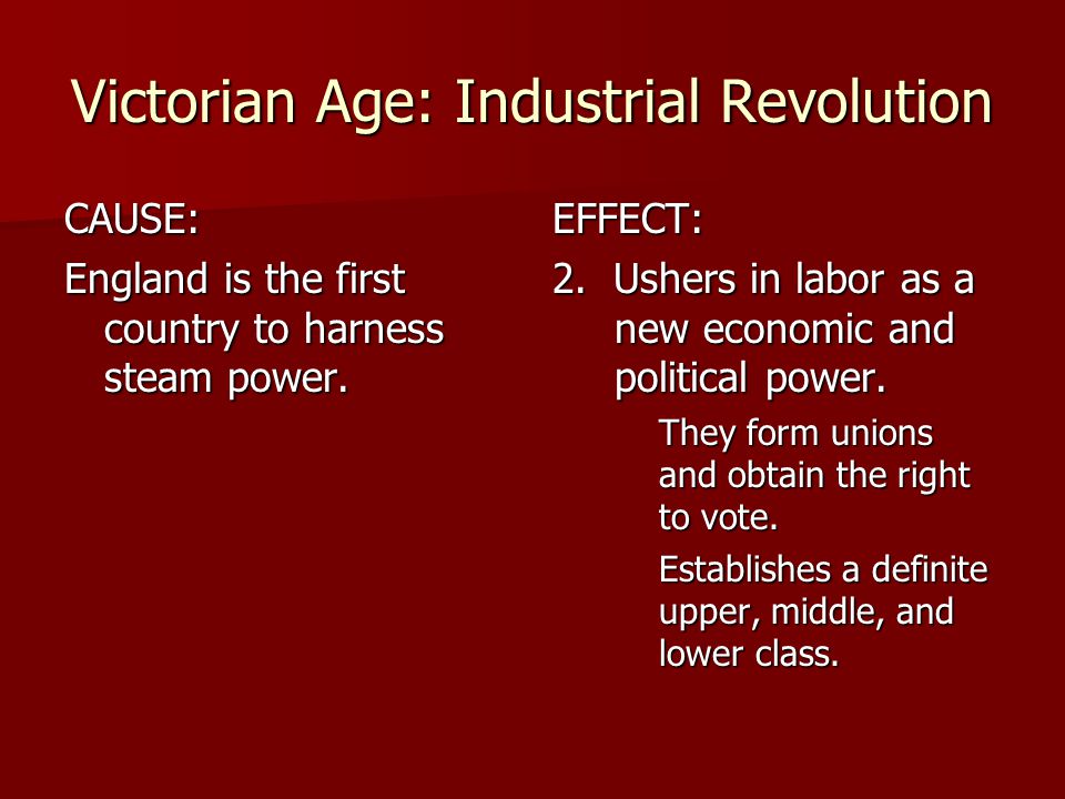 Victorian Age: Industrial Revolution CAUSE: England is the first country to harness steam power.