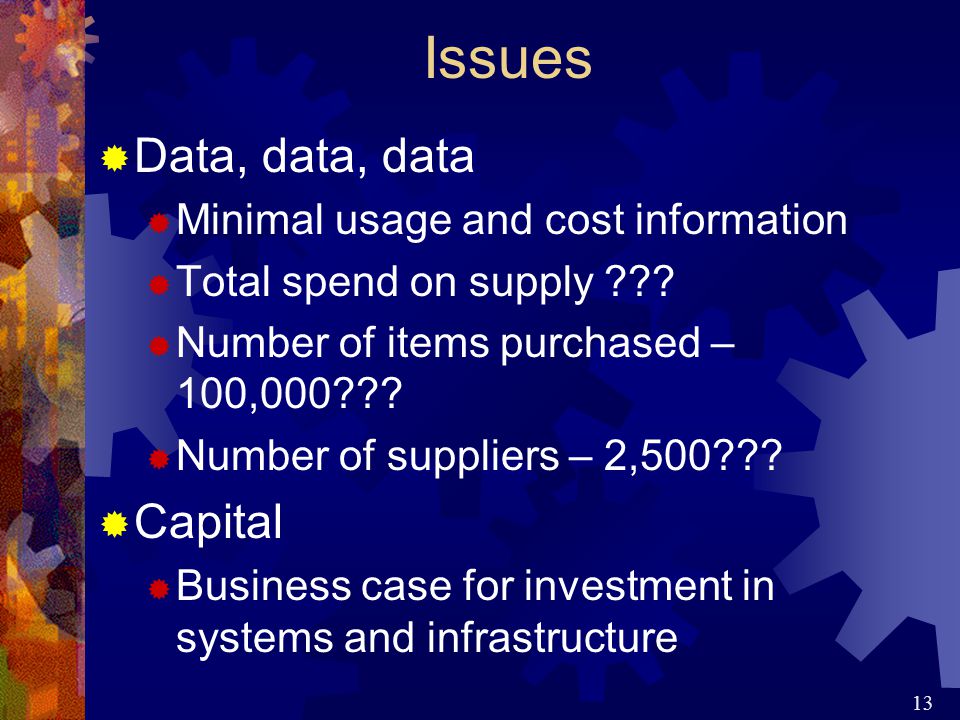 13 Issues  Data, data, data  Minimal usage and cost information  Total spend on supply .
