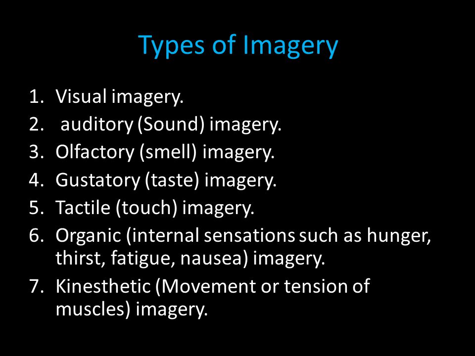 Types of Imagery 1.Visual imagery. 2. auditory (Sound) imagery.