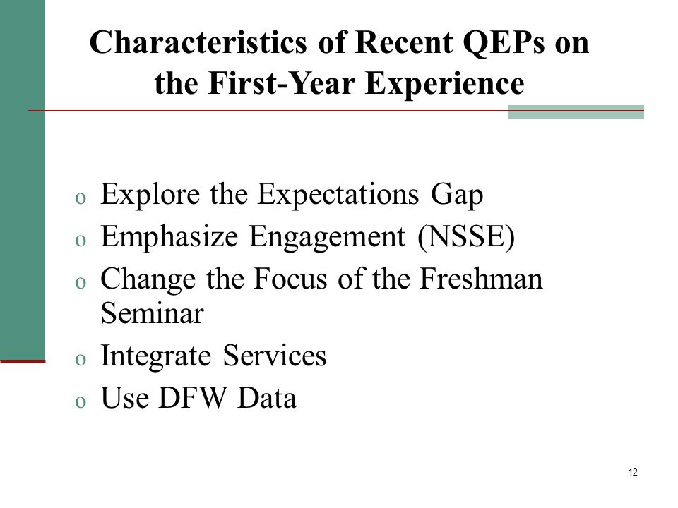 12 o Explore the Expectations Gap o Emphasize Engagement (NSSE) o Change the Focus of the Freshman Seminar o Integrate Services o Use DFW Data Characteristics of Recent QEPs on the First-Year Experience