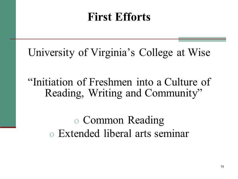 14 University of Virginia’s College at Wise Initiation of Freshmen into a Culture of Reading, Writing and Community o Common Reading o Extended liberal arts seminar First Efforts
