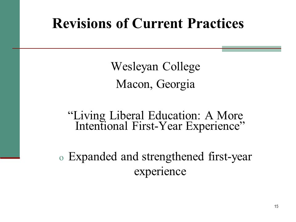 15 Wesleyan College Macon, Georgia Living Liberal Education: A More Intentional First-Year Experience o Expanded and strengthened first-year experience Revisions of Current Practices