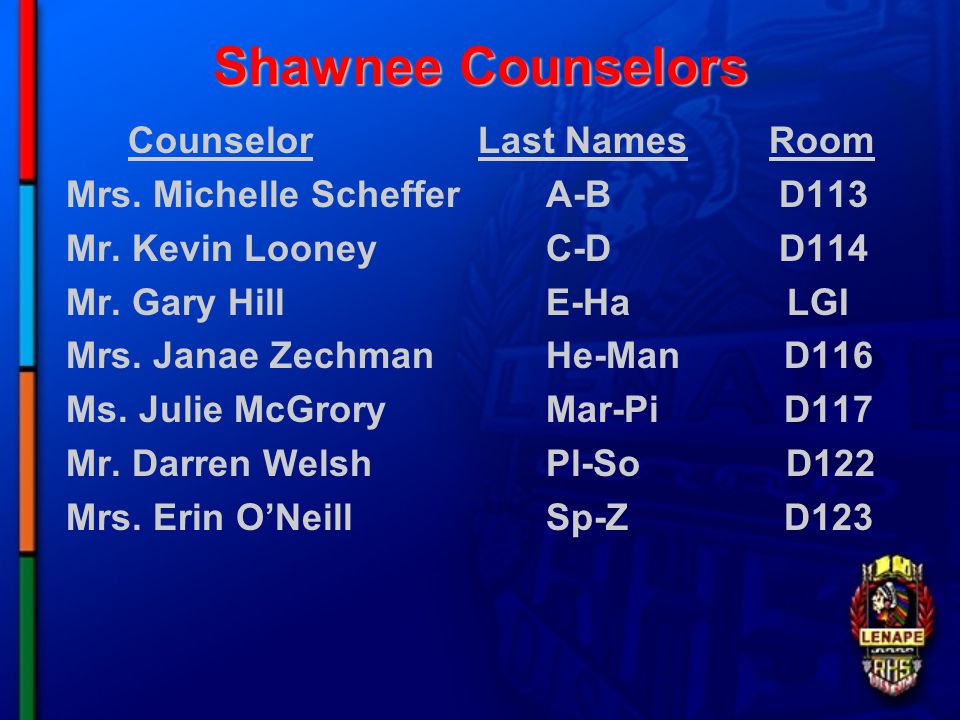 Shawnee Counselors Counselor Last Names Room Mrs. Michelle SchefferA-B D113 Mr.