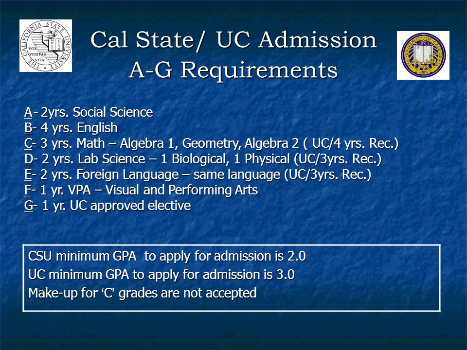 Cal State/ UC Admission A-G Requirements CSU minimum GPA to apply for admission is 2.0 UC minimum GPA to apply for admission is 3.0 Make-up for ‘ C ’ grades are not accepted A- 2yrs.