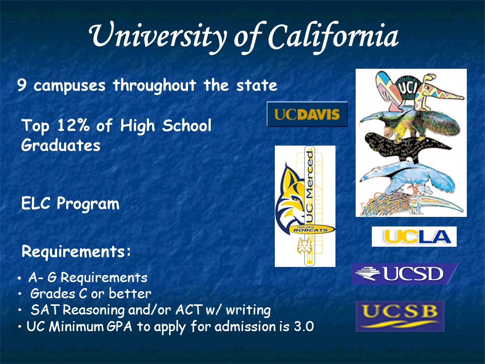 Top 12% of High School Graduates ELC Program A- G Requirements Grades C or better SAT Reasoning and/or ACT w/ writing UC Minimum GPA to apply for admission is 3.0 University of California Requirements: 9 campuses throughout the state