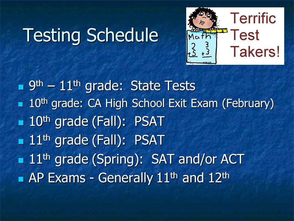Testing Schedule 9 th – 11 th grade: State Tests 9 th – 11 th grade: State Tests 10 th grade: CA High School Exit Exam (February) 10 th grade: CA High School Exit Exam (February) 10 th grade (Fall): PSAT 10 th grade (Fall): PSAT 11 th grade (Fall): PSAT 11 th grade (Fall): PSAT 11 th grade (Spring): SAT and/or ACT 11 th grade (Spring): SAT and/or ACT AP Exams - Generally 11 th and 12 th AP Exams - Generally 11 th and 12 th