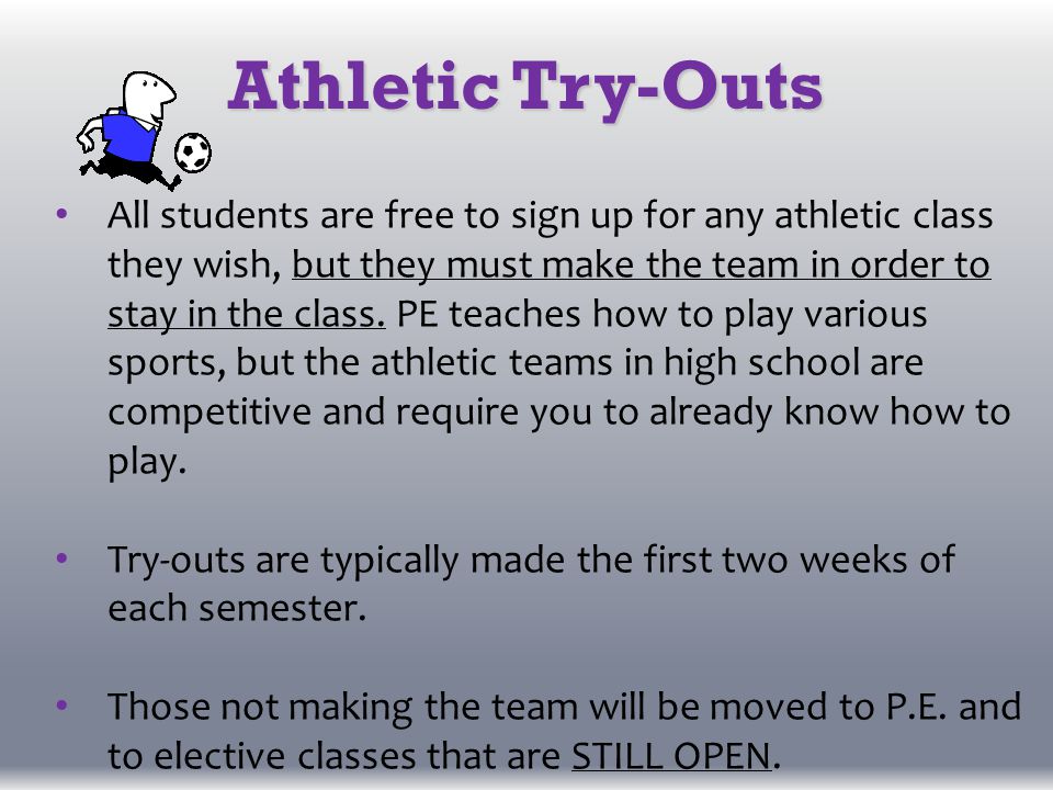 Athletic Try-Outs All students are free to sign up for any athletic class they wish, but they must make the team in order to stay in the class.