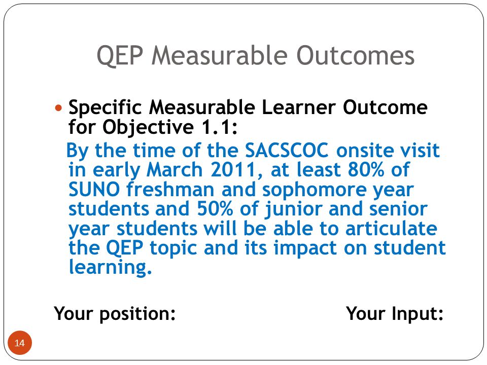 QEP Goals and Objectives 13 Goal 3: Improve institutional readiness for online teaching and learning.