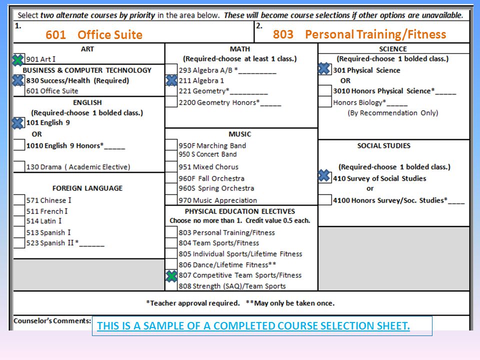 601 Office Suite 803 Personal Training/Fitness THIS IS A SAMPLE OF A COMPLETED COURSE SELECTION SHEET.