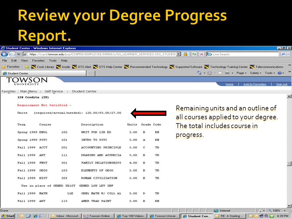 Remaining units and an outline of all courses applied to your degree.