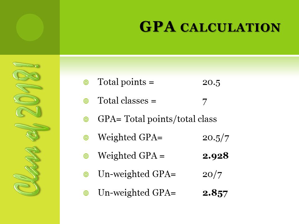 GPA CALCULATION  Total points = 20.5  Total classes = 7  GPA= Total points/total class  Weighted GPA= 20.5/7  Weighted GPA =  Un-weighted GPA=20/7  Un-weighted GPA=2.857