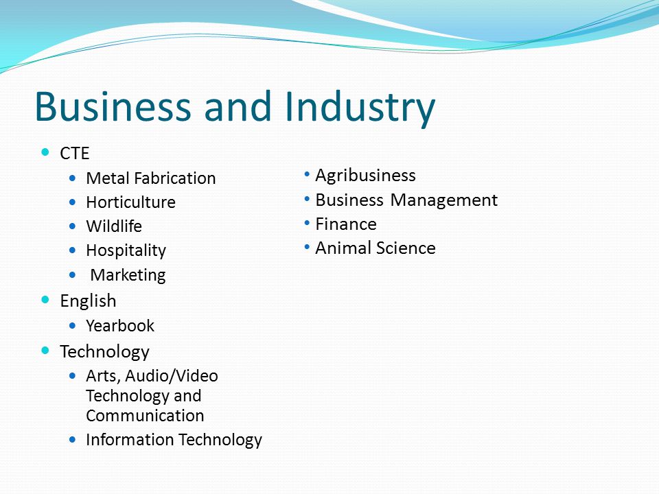 Business and Industry CTE Metal Fabrication Horticulture Wildlife Hospitality Marketing English Yearbook Technology Arts, Audio/Video Technology and Communication Information Technology Agribusiness Business Management Finance Animal Science