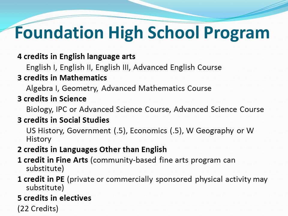 Foundation High School Program 4 credits in English language arts English I, English II, English III, Advanced English Course 3 credits in Mathematics Algebra I, Geometry, Advanced Mathematics Course 3 credits in Science Biology, IPC or Advanced Science Course, Advanced Science Course 3 credits in Social Studies US History, Government (.5), Economics (.5), W Geography or W History 2 credits in Languages Other than English 1 credit in Fine Arts (community-based fine arts program can substitute) 1 credit in PE (private or commercially sponsored physical activity may substitute) 5 credits in electives (22 Credits)