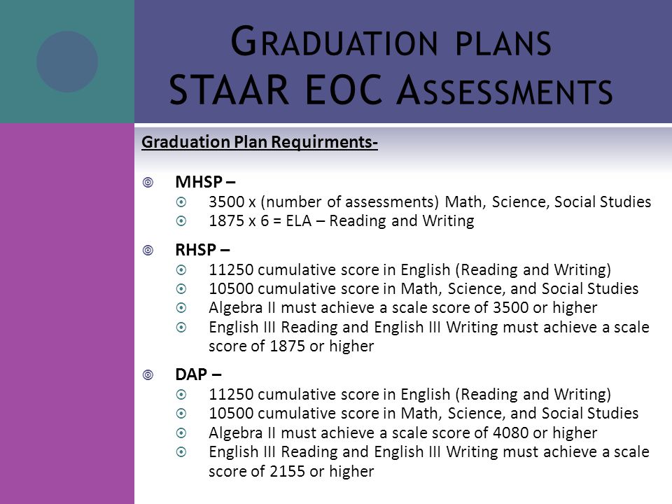 G RADUATION PLANS STAAR EOC A SSESSMENTS Graduation Plan Requirments-  MHSP –  3500 x (number of assessments) Math, Science, Social Studies  1875 x 6 = ELA – Reading and Writing  RHSP –  cumulative score in English (Reading and Writing)  cumulative score in Math, Science, and Social Studies  Algebra II must achieve a scale score of 3500 or higher  English III Reading and English III Writing must achieve a scale score of 1875 or higher  DAP –  cumulative score in English (Reading and Writing)  cumulative score in Math, Science, and Social Studies  Algebra II must achieve a scale score of 4080 or higher  English III Reading and English III Writing must achieve a scale score of 2155 or higher