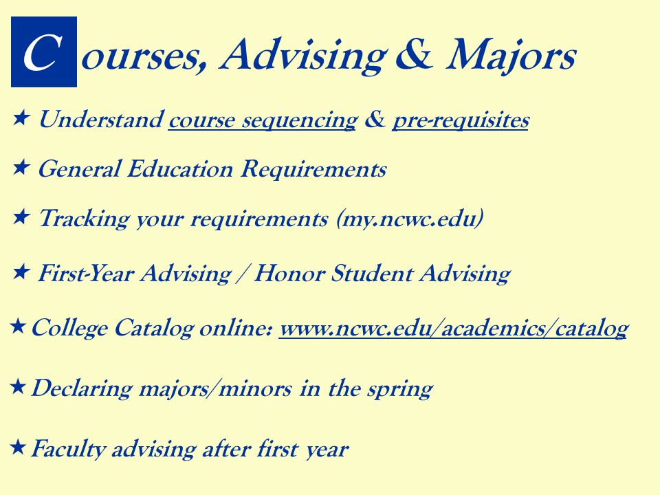  General Education Requirements  Understand course sequencing & pre-requisites C ourses, Advising & Majors  Tracking your requirements (my.ncwc.edu)  First-Year Advising / Honor Student Advising  College Catalog online:    Declaring majors/minors in the spring  Faculty advising after first year