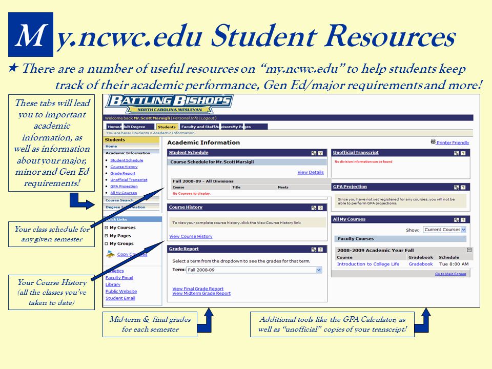 My.ncwc.edu Student Resources  There are a number of useful resources on my.ncwc.edu to help students keep track of their academic performance, Gen Ed/major requirements and more.