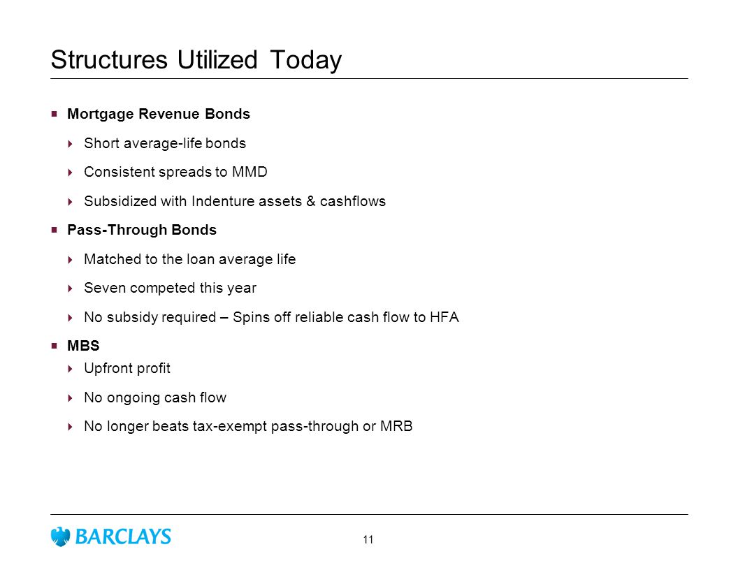 Structures Utilized Today  Mortgage Revenue Bonds  Short average-life bonds  Consistent spreads to MMD  Subsidized with Indenture assets & cashflows  Pass-Through Bonds  Matched to the loan average life  Seven competed this year  No subsidy required – Spins off reliable cash flow to HFA  MBS  Upfront profit  No ongoing cash flow  No longer beats tax-exempt pass-through or MRB 11