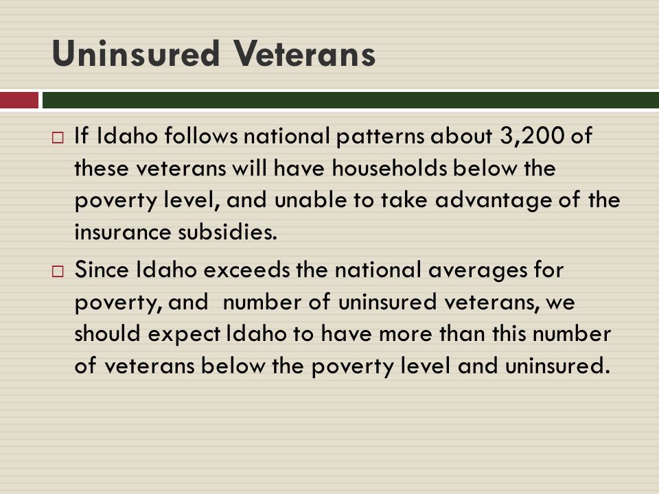 Uninsured Veterans  If Idaho follows national patterns about 3,200 of these veterans will have households below the poverty level, and unable to take advantage of the insurance subsidies.