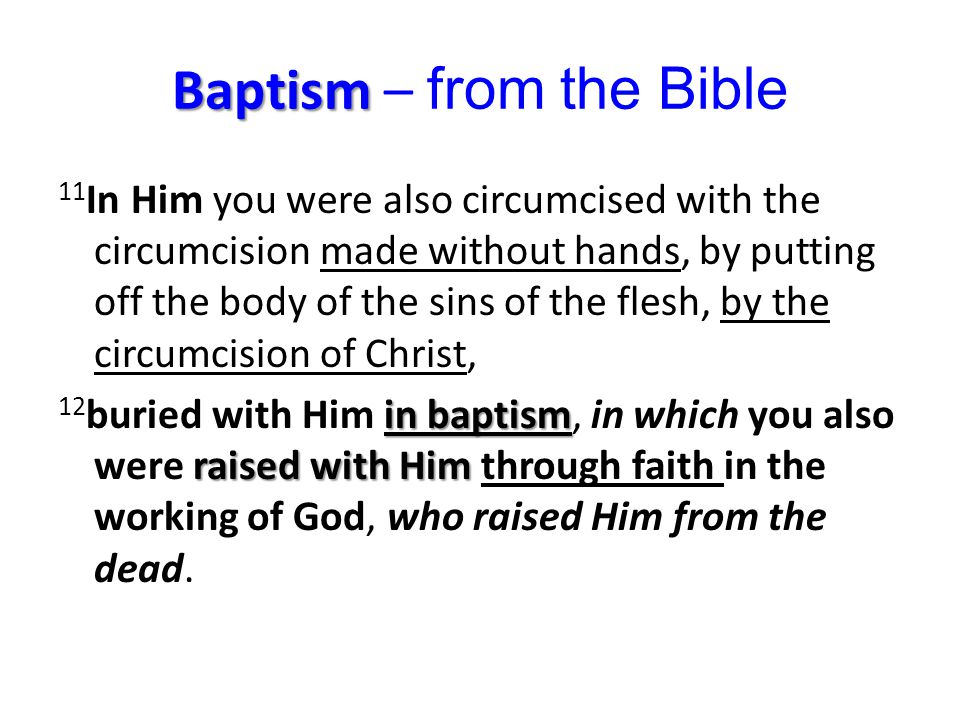 Baptism Baptism – from the Bible 11 In Him you were also circumcised with the circumcision made without hands, by putting off the body of the sins of the flesh, by the circumcision of Christ, in baptism raised with Him 12 buried with Him in baptism, in which you also were raised with Him through faith in the working of God, who raised Him from the dead.