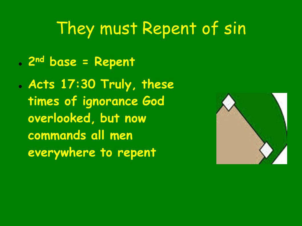 They must Repent of sin 2 nd base = Repent Acts 17:30 Truly, these times of ignorance God overlooked, but now commands all men everywhere to repent