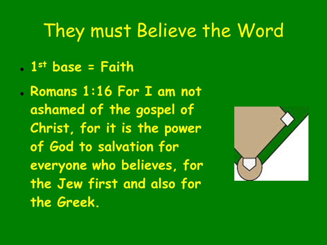 They must Believe the Word 1 st base = Faith Romans 1:16 For I am not ashamed of the gospel of Christ, for it is the power of God to salvation for everyone who believes, for the Jew first and also for the Greek.