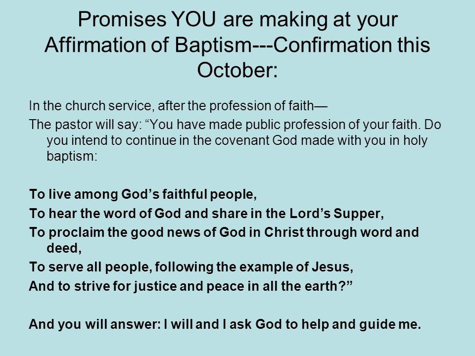 Promises YOU are making at your Affirmation of Baptism---Confirmation this October: In the church service, after the profession of faith— The pastor will say: You have made public profession of your faith.