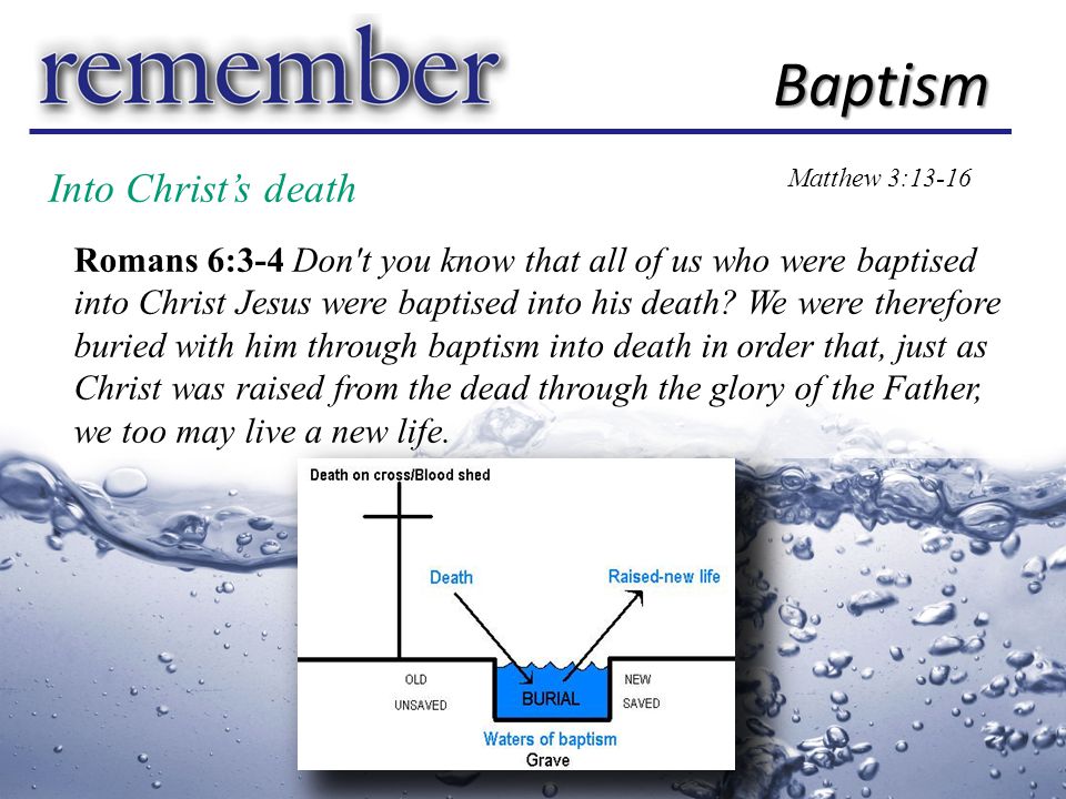 Into Christ’s death Baptism Matthew 3:13-16 Romans 6:3-4 Don t you know that all of us who were baptised into Christ Jesus were baptised into his death.