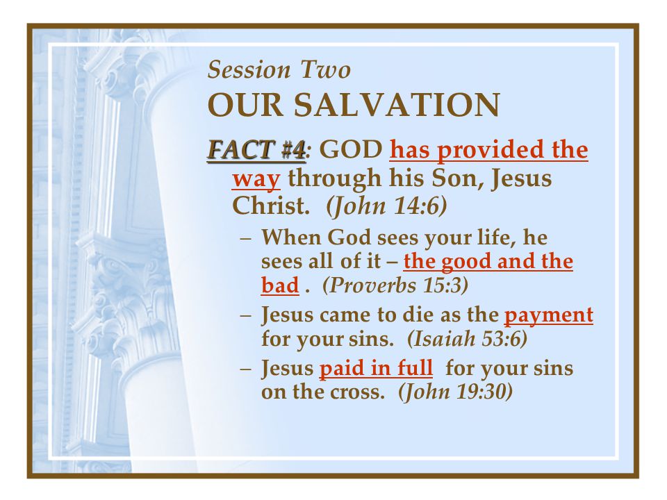 Session Two OUR SALVATION FACT #4 FACT #4: GOD has provided the way through his Son, Jesus Christ.