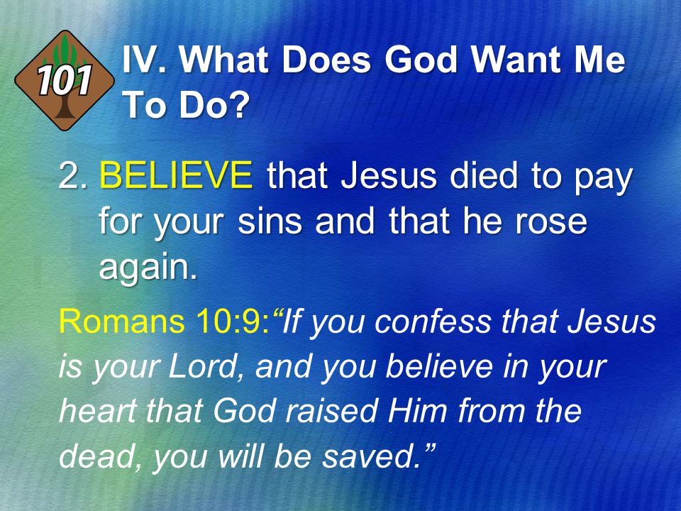 2.BELIEVE that Jesus died to pay for your sins and that he rose again.