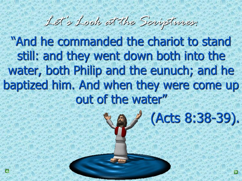 Let’s Look at the Scriptures: And he commanded the chariot to stand still: and they went down both into the water, both Philip and the eunuch; and he baptized him.