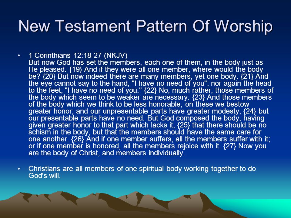 New Testament Pattern Of Worship 1 Corinthians 12:18-27 (NKJV) But now God has set the members, each one of them, in the body just as He pleased.