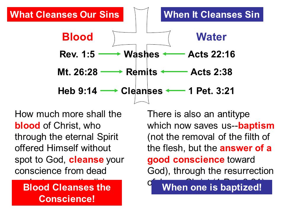 BloodWater Rev. 1:5Acts 22:16 Mt. 26:28 Acts 2:38 Washes Remits Heb 9:14 1 Pet.