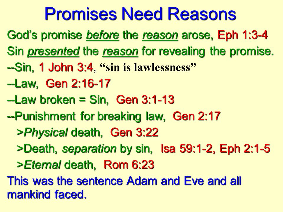 Promises Need Reasons God’s promise before the reason arose, Eph 1:3-4 Sin presented the reason for revealing the promise.