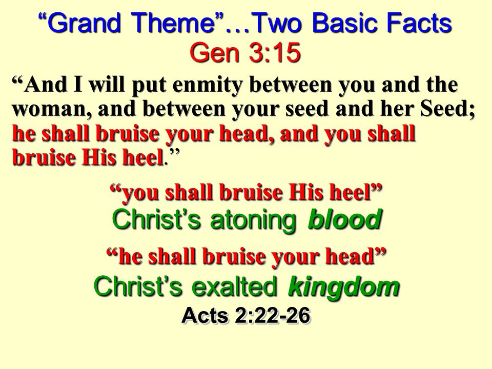 Grand Theme …Two Basic Facts Gen 3:15 he shall bruise your head, and you shall bruise His heel And I will put enmity between you and the woman, and between your seed and her Seed; he shall bruise your head, and you shall bruise His heel. you shall bruise His heel Christ’s atoning blood he shall bruise your head Christ’s exalted kingdom Acts 2:22-26 he shall bruise your head, and you shall bruise His heel And I will put enmity between you and the woman, and between your seed and her Seed; he shall bruise your head, and you shall bruise His heel. you shall bruise His heel Christ’s atoning blood he shall bruise your head Christ’s exalted kingdom Acts 2:22-26