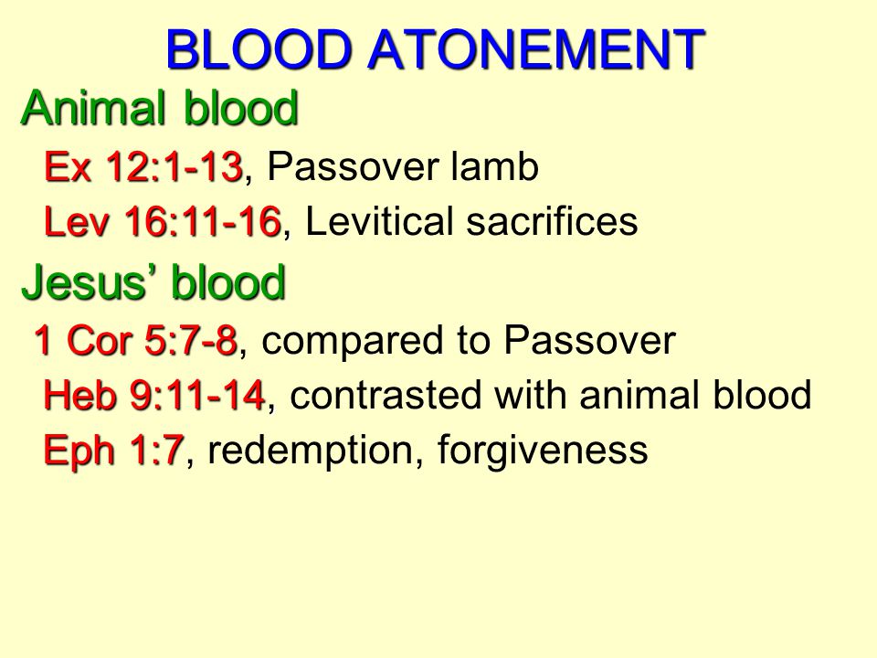 BLOOD ATONEMENT Animal blood Ex 12:1-13 Ex 12:1-13, Passover lamb Lev 16:11-16, Lev 16:11-16, Levitical sacrifices Jesus’ blood 1 Cor 5:7-8 1 Cor 5:7-8, compared to Passover Heb 9:11-14, Heb 9:11-14, contrasted with animal blood Eph 1:7 Eph 1:7, redemption, forgiveness