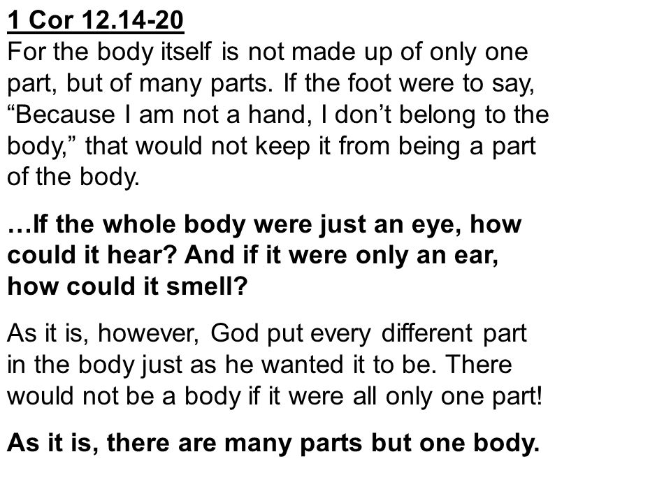 1 Cor For the body itself is not made up of only one part, but of many parts.