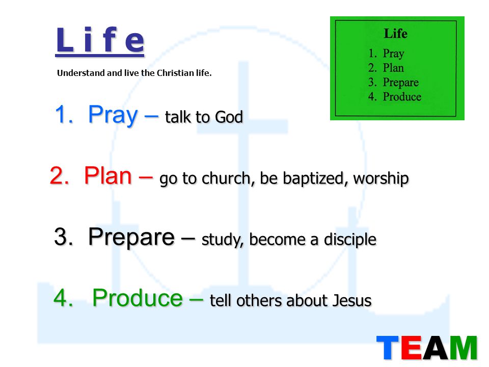 L i f e 1. Pray – talk to God 2. Plan – go to church, be baptized, worship 3.