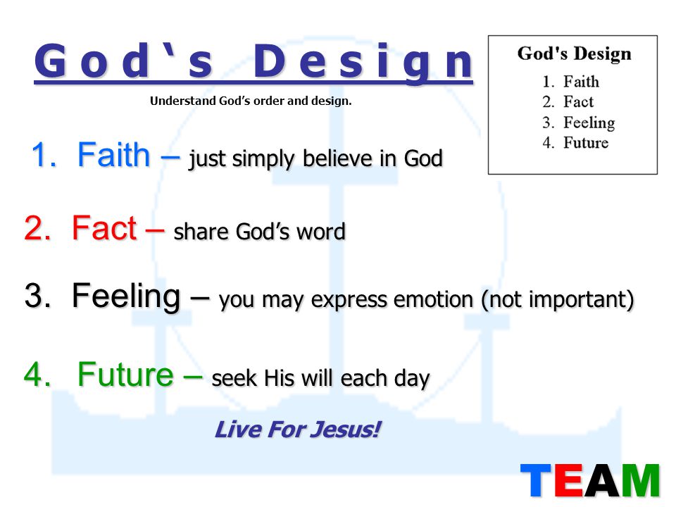 G o d ‘ s D e s i g n 1. Faith – just simply believe in God 2.