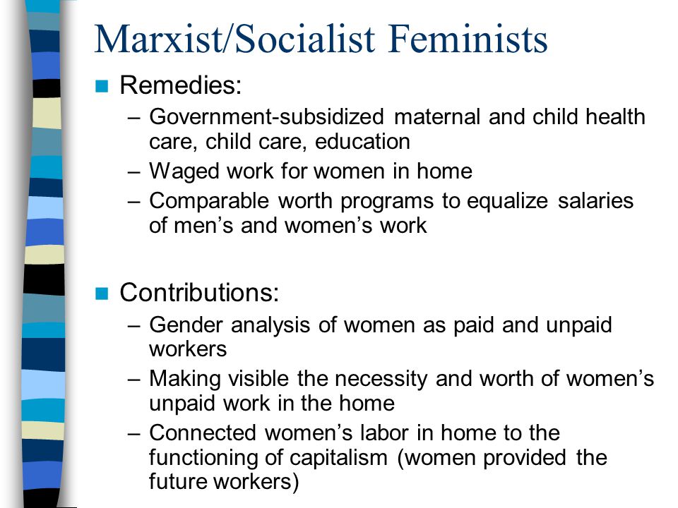 Marxist/Socialist Feminists Remedies: –Government-subsidized maternal and child health care, child care, education –Waged work for women in home –Comparable worth programs to equalize salaries of men’s and women’s work Contributions: –Gender analysis of women as paid and unpaid workers –Making visible the necessity and worth of women’s unpaid work in the home –Connected women’s labor in home to the functioning of capitalism (women provided the future workers)