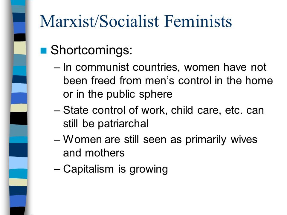 Marxist/Socialist Feminists Shortcomings: –In communist countries, women have not been freed from men’s control in the home or in the public sphere –State control of work, child care, etc.