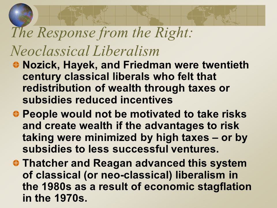 The Response from the Right: Neoclassical Liberalism Nozick, Hayek, and Friedman were twentieth century classical liberals who felt that redistribution of wealth through taxes or subsidies reduced incentives People would not be motivated to take risks and create wealth if the advantages to risk taking were minimized by high taxes – or by subsidies to less successful ventures.