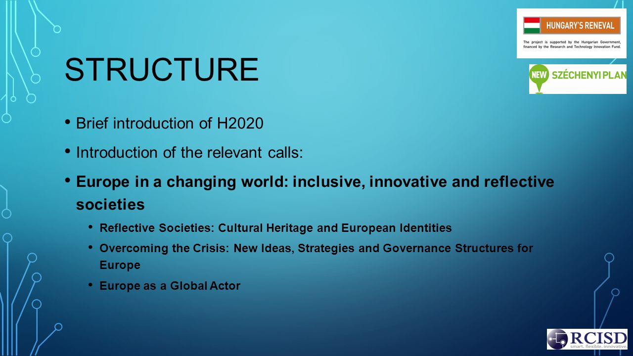 STRUCTURE Brief introduction of H2020 Introduction of the relevant calls: Europe in a changing world: inclusive, innovative and reflective societies Reflective Societies: Cultural Heritage and European Identities Overcoming the Crisis: New Ideas, Strategies and Governance Structures for Europe Europe as a Global Actor
