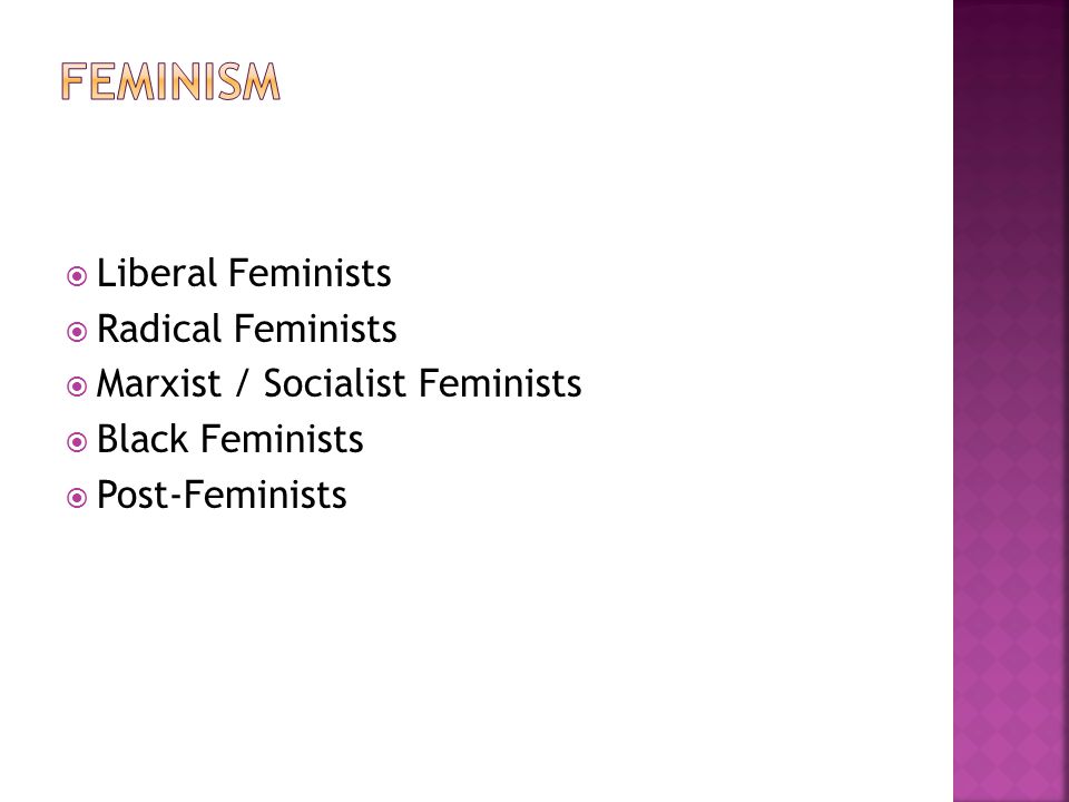  Liberal Feminists  Radical Feminists  Marxist / Socialist Feminists  Black Feminists  Post-Feminists